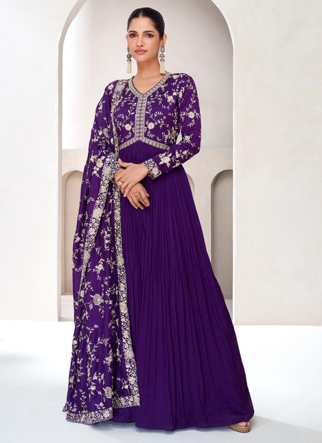 Premium Silk Purple Wedding Wear Embroidery Work Readymade Gown With Dupatta